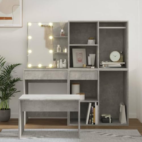 AJJHUUKI Schminktisch-Set mit LED-Beton, Grau, Holz-Möbel, Möbelsets, Schlafzimmermöbel-Sets von AJJHUUKI