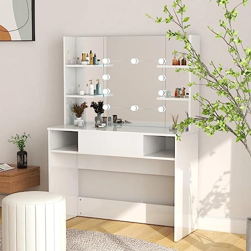 AJJHUUKI Schminktisch mit LED-Lichtern, 100 x 40 x 135 cm, MDF, glänzend, Weiß, Möbel, Schränke und Aufbewahrung, Waschtische, Schlafzimmer von AJJHUUKI