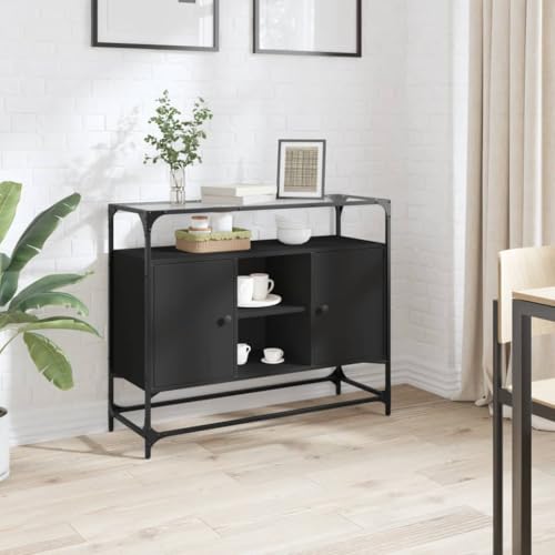 AJJHUUKI Sideboard mit Glasplatte, schwarz, 98 x 35 x 81 cm, Holz-Möbel, Schränke und Aufbewahrung, Buffets und Sideboards von AJJHUUKI