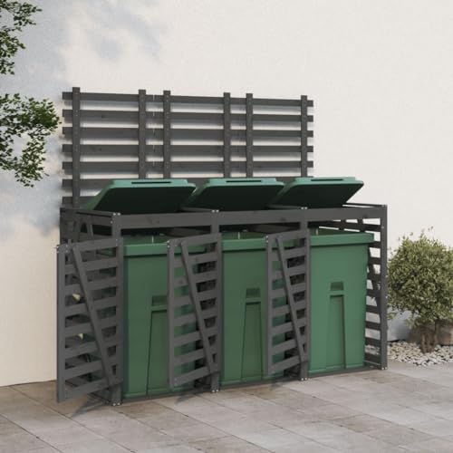 Home Outdoor SonstigesDreifach-Mülltonnenaufbewahrung, Grau, Massivholz, Kiefer von AJJHUUKI