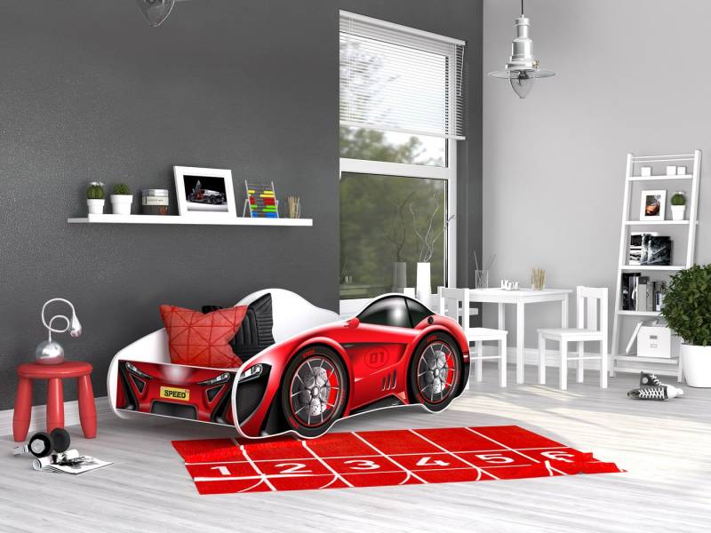 AJKmeble Autobett Kinderbett Jugendbett 70x140cm Gamerbett optional mit Matratze (MADE IN EU - für Jungen und Mädchen, Rennwagen, 140x70cm, beklebtes Spielbett für Ihr Kinderzimmer), Blau, Rosa, Rot, Gelb, Grün und Schwarz - RIESEN AUSWAHL von AJKmeble