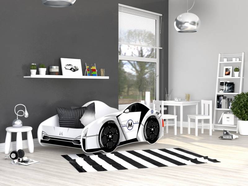AJKmeble Autobett Kinderbett Jugendbett 70x140cm Gamerbett optional mit Matratze (MADE IN EU - für Jungen und Mädchen, Rennwagen, 140x70cm, beklebtes Spielbett für Ihr Kinderzimmer), Blau, Rosa, Rot, Gelb, Grün und Schwarz - RIESEN AUSWAHL von AJKmeble