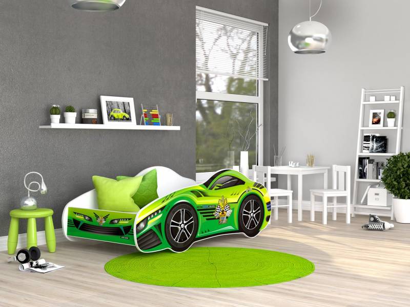 AJKmeble Autobett Kinderbett Jugendbett 70x140cm Gamerbett optional mit Matratze (MADE IN EU - für Jungen und Mädchen, Rennwagen, 140x70cm, beklebtes Spielbett für Ihr Kinderzimmer), Blau, Rosa, Rot, Gelb, Grün und Schwarz - RIESEN AUSWAHL von AJKmeble