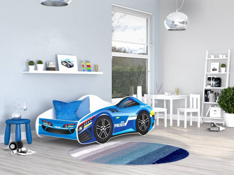 AJKmeble Autobett Kinderbett Jugendbett 70x140cm Gamerbett optional mit Matratze (MADE IN EU - für Jungen und Mädchen, Rennwagen, 140x70cm, beklebtes Spielbett für Ihr Kinderzimmer), Blau, Rosa, Rot, Gelb, Grün und Schwarz - RIESEN AUSWAHL von AJKmeble