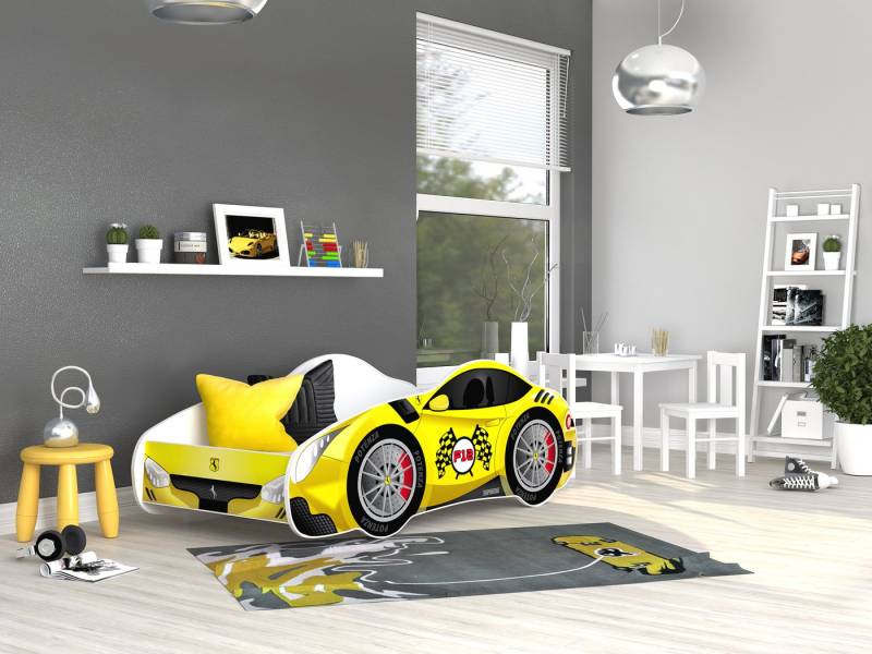 AJKmeble Autobett Kinderbett Jugendbett 70x140cm Gamerbett optional mit Matratze (MADE IN EU - für Jungen und Mädchen, Rennwagen, 140x70cm, beklebtes Spielbett für Ihr Kinderzimmer), Blau, Rosa, Rot, Gelb, Grün und Schwarz - RIESEN AUSWAHL von AJKmeble