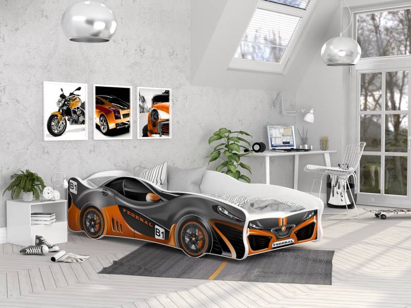 AJKmeble Autobett Kinderbett Jugendbett 80x160cm Gamerbett 18 DESIGNS WÄHLBAR (für Jungen und Mädchen, Rennwagen, 160x80cm, beklebtes Spielbett für Ihr Kinderzimmer), Blau, Rosa, Grün, Gelb, Schwarz, Rot, RIESEN AUSWAHL von AJKmeble