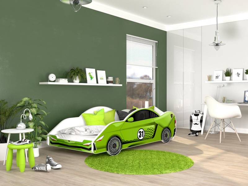 AJKmeble Autobett Kinderbett Jugendbett 90x180cm Gamerbett Optional mit Matratze (MADE IN EU - für Jungen und Mädchen, Rennwagen, 180x90cm, beklebtes Spielbett für Ihr Kinderzimmer), RIESEN FARBAUSWAHL von AJKmeble