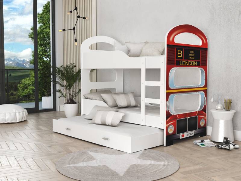 AJKmeble Hochbett 80x160cm und 80x190cm in 4 Farben Bus Prinzessin Rakete Pirat (mit Ausiehbett für 3 Kinder, Jungen und Mädchen, Etagenbett Stockbett in vielen Designs und 2 Größen) aus Kiefernholz von AJKmeble
