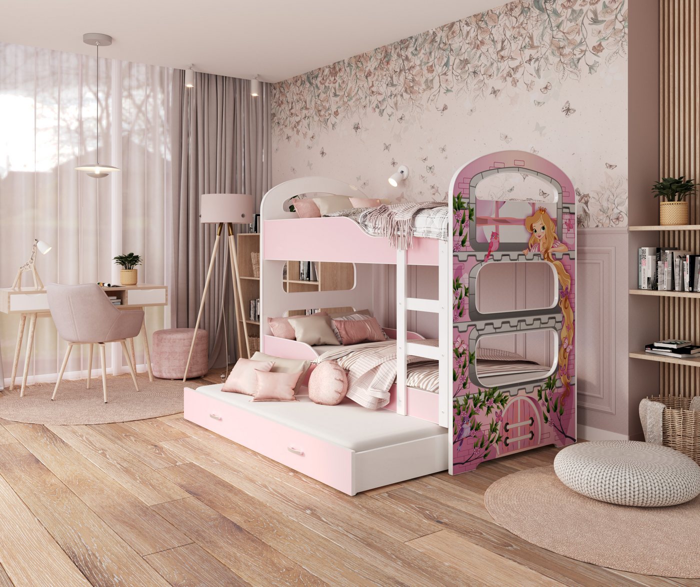 AJKmeble Hochbett 80x160cm und 80x190cm in 4 Farben Bus Prinzessin Rakete Pirat (mit Ausiehbett für 3 Kinder, Jungen und Mädchen, Etagenbett Stockbett in vielen Designs und 2 Größen) aus Kiefernholz von AJKmeble