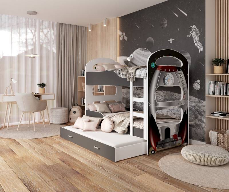 AJKmeble Hochbett 80x160cm und 80x190cm in 4 Farben Bus Prinzessin Rakete Pirat (MADE IN EU - mit Ausiehbett für 3 Kinder, Jungen und Mädchen, Etagenbett Stockbett in vielen Designs und 2 Größen) aus Kiefernholz + Optional mit Matratzen von AJKmeble