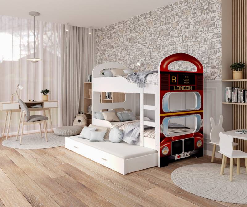 AJKmeble Hochbett 80x160cm und 80x190cm in 4 Farben Bus Prinzessin Rakete Pirat (MADE IN EU - mit Ausiehbett für 3 Kinder, Jungen und Mädchen, Etagenbett Stockbett in vielen Designs und 2 Größen) aus Kiefernholz + Optional mit Matratzen von AJKmeble