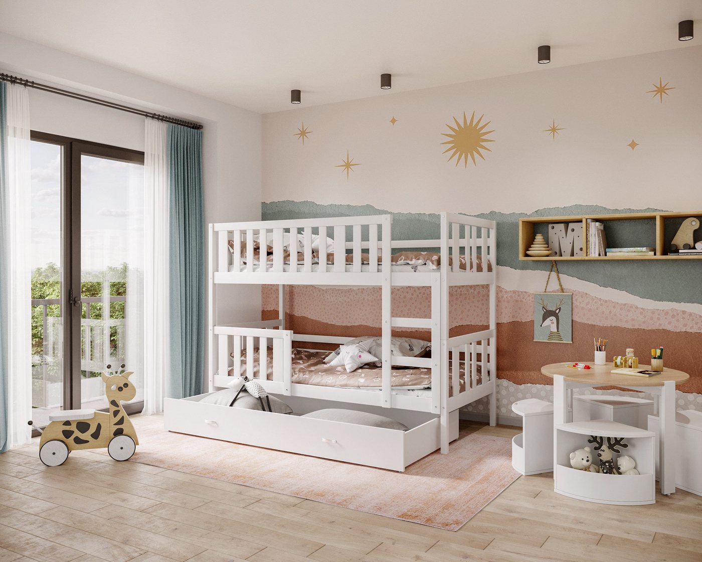 AJKmeble Hochbett mit Rausfallschutz, Etagenbett 80x160cm, Kinderbett (MADE IN EU - Bett mit großer Schublade, Kinderbett für Jungen und Mädchen, mit Rausfallschutz und Leiter) Stockbett für zwei Kinder von AJKmeble