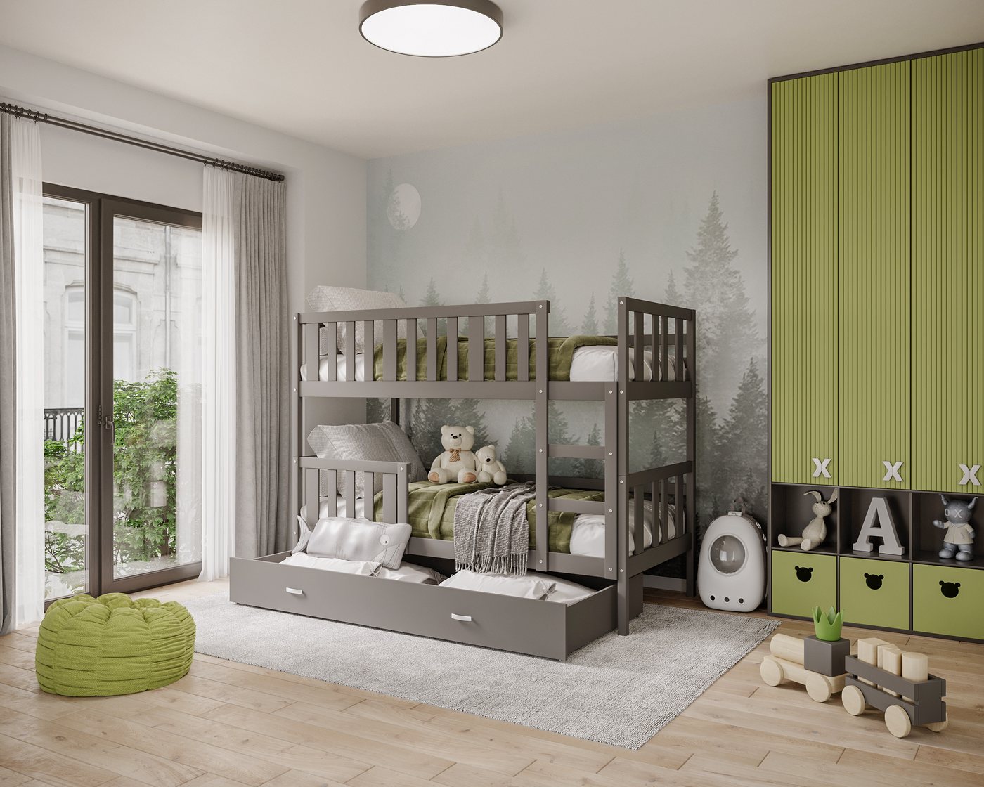 AJKmeble Hochbett mit Rausfallschutz, Etagenbett 80x160cm, Kinderbett (MADE IN EU - Bett mit großer Schublade, Kinderbett für Jungen und Mädchen, mit Rausfallschutz und Leiter) Stockbett für zwei Kinder von AJKmeble
