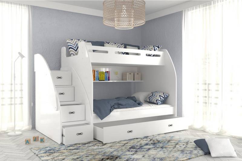 AJKmeble Hochbett Etagenbett 90x200 / 120x200cm mit Treppe und Ausziehbett (wählbar in Farben weiß, blau, grün, rosa oder grau, für Jungen und Mädchen, Jugendbett) Treppe beidseitig montierbar von AJKmeble
