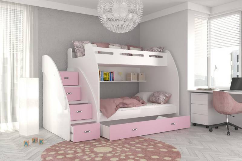 AJKmeble Hochbett Etagenbett 90x200 / 120x200cm mit Treppe und Ausziehbett (wählbar in Farben weiß, blau, grün, rosa oder grau, für Jungen und Mädchen, Jugendbett) Treppe beidseitig montierbar von AJKmeble