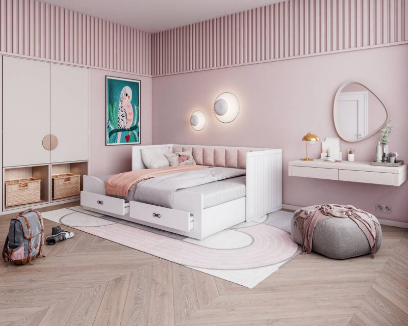 AJKmeble Funktionsbett mit zwei Schubladen und Ausziehbett 80x200cm auf 154x190cm (MADE IN EU - in weiß, ideales Gästebett, Tagesbett, Bett, Kinderbett, Jugendbett), MDF-Holz Made in Europe + INKLUSIVE Matratze von AJKmeble