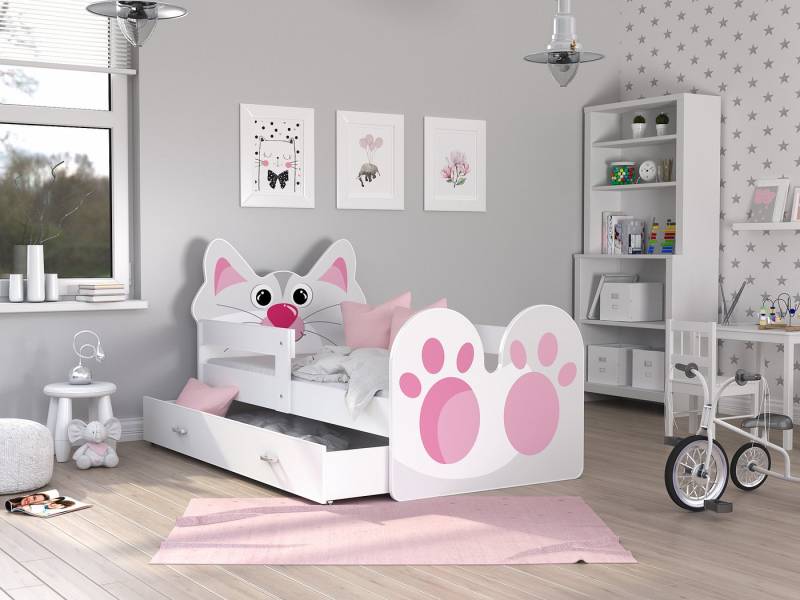 AJKmeble Kinderbett mit Rausfallschutz und Schublade, 80x140, 80x160, 80x180cm (MADE IN EU - 80x140, 80x160 und 80x180cm, im süßen Katzen Design, Mädchenbett), aus Kiefernholz von AJKmeble