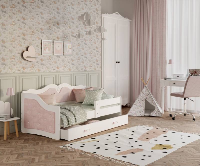 AJKmeble Jugendbett gepolstertes Kinderbett, 80x160, 80x180cm inklusive Lattenrost (mit Polsterung in Weiß, Rosa und Grau, mit Rausfallschutz, für Jungen und Mädchen, Kinderzimmer-Bett), MDF-Holz Made in Europe von AJKmeble