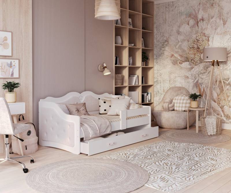 AJKmeble Jugendbett gepolstertes Kinderbett, 80x160, 80x180cm inklusive Lattenrost (mit Polsterung in Weiß, Rosa und Grau, mit Rausfallschutz, für Jungen und Mädchen, Kinderzimmer-Bett), MDF-Holz Made in Europe von AJKmeble