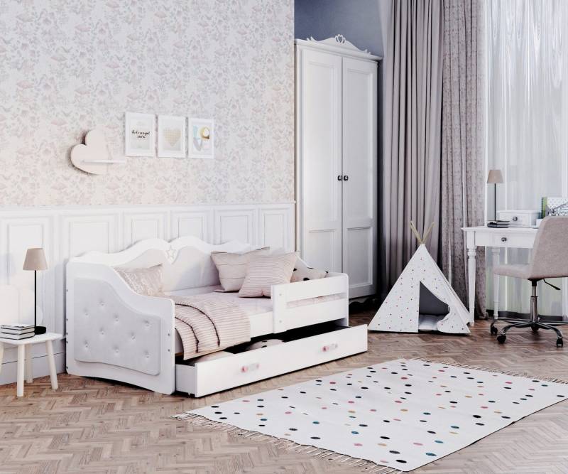 AJKmeble Kinderbett mit Polster, 80x160, 80x180cm inklusive Lattenrost, Mädchenbett (MADE IN EU - mit Polsterung in Weiß, Rosa und Grau, mit Rausfallschutz, für Jungen und Mädchen, Kinderzimmer-Bett), MDF-Holz Made in Europe + optional mit Matratze von AJKmeble