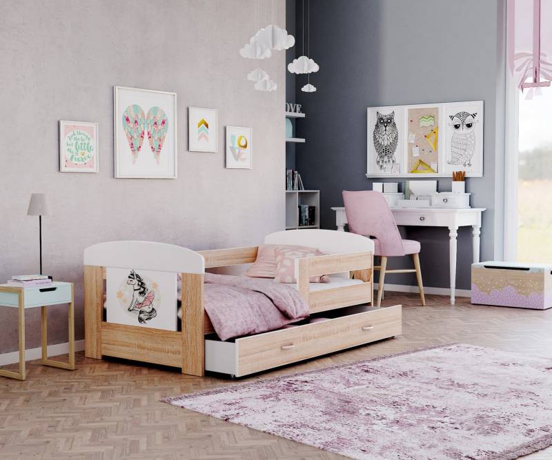 AJKmeble Kinderbett mit Pferd Motiv 80x140cm, 80x160cm, 80x180cm inkl. Lattenrost (MADE IN EU - mit Schublade, in Weiß-Holz oder Weiß-Rosa verfügbar, mit Rausfallschutz optional mit Matratze), Mädchenbett für Kinderzimmer Mädchen von AJKmeble