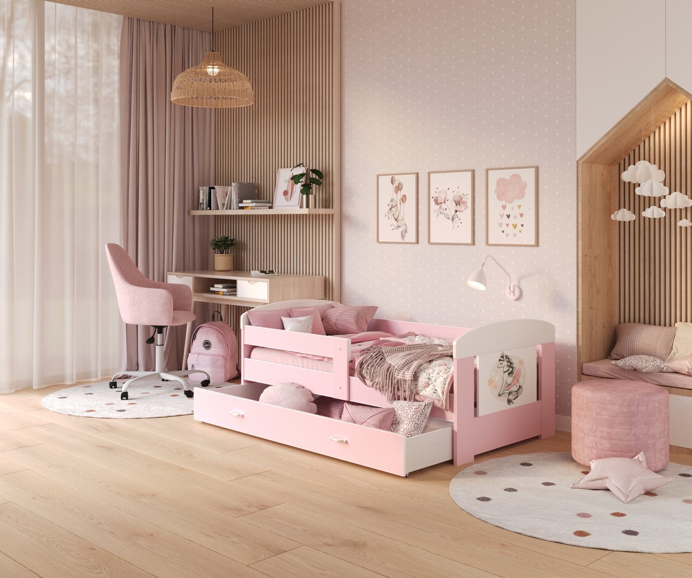 AJKmeble Kinderbett mit Pferd Motiv 80x140cm, 80x160cm, 80x180cm inkl. Lattenrost (MADE IN EU - mit Schublade, in Weiß-Holz oder Weiß-Rosa verfügbar, mit Rausfallschutz optional mit Matratze), Mädchenbett für Kinderzimmer Mädchen von AJKmeble