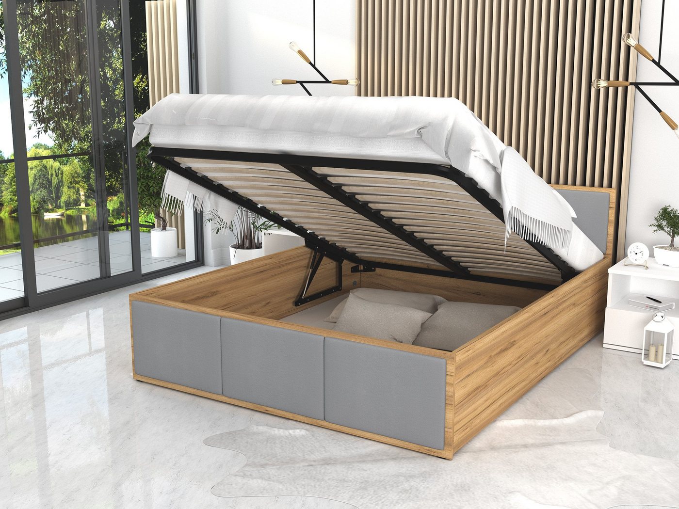FDM Polsterbett mit Lattenrost Doppelbett 120x200, 140x200, 160x200, 180x200 (Bettrahmen mit Bettkasten für viel Stauraum, in Grau,Weiß oder Eiche Braun, ideal für Paare), Metallrahmen mit hydraulischer Klappfunktion von FDM