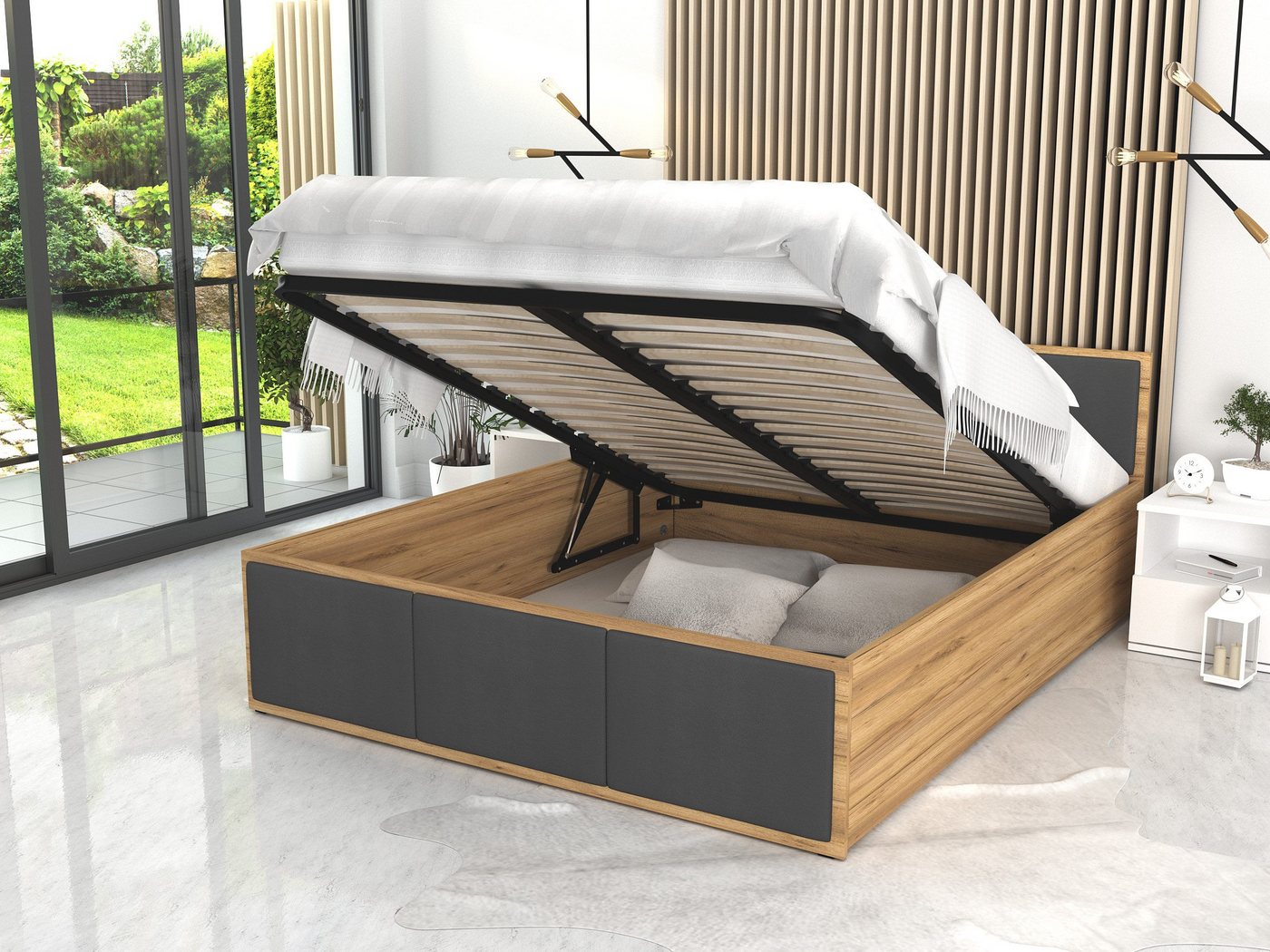 FDM Polsterbett mit Lattenrost Doppelbett 120x200, 140x200, 160x200, 180x200 (Bettrahmen mit Bettkasten für viel Stauraum, in Grau,Weiß oder Eiche Braun, ideal für Paare), Metallrahmen mit hydraulischer Klappfunktion von FDM