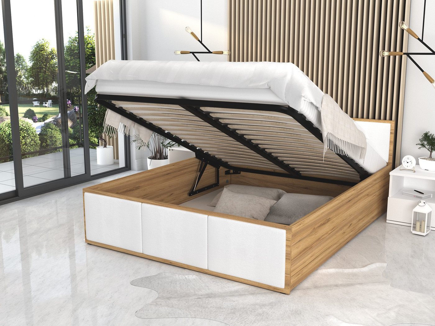 FDM Polsterbett mit Lattenrost Doppelbett 120x200, 140x200, 160x200, 180x200 (Bettrahmen mit Bettkasten für viel Stauraum, in Grau,Weiß oder Eiche Braun, ideal für Paare), Metallrahmen mit hydraulischer Klappfunktion von FDM