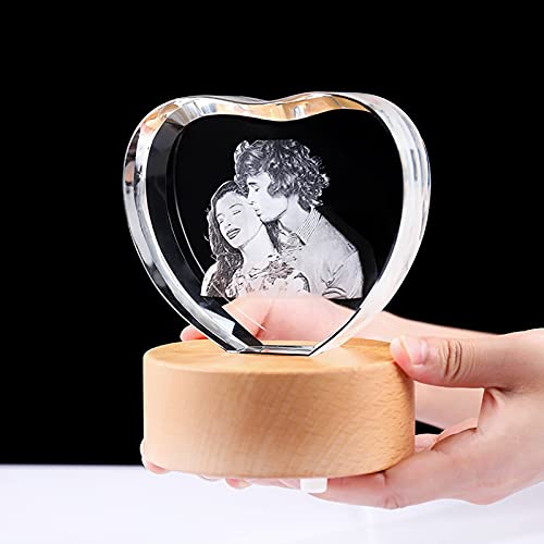 AJLDN 3D Kristall Bilderrahmen mit Wunsch-Foto, Personalisiertes Glasfoto in Herzform mit LED Basis für Valentinstag, Muttertag, Jubiläum, Geburtstag enthalten,L von AJLDN