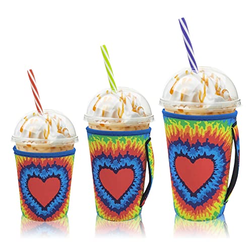 AJLTPA Eiskaffeehülsen für kalte Getränke, 3 Stück, wiederverwendbare Neopren-Becherhülle mit Griff für 473 - 907 ml Kaffeetassen (Batikfärbung) von AJLTPA