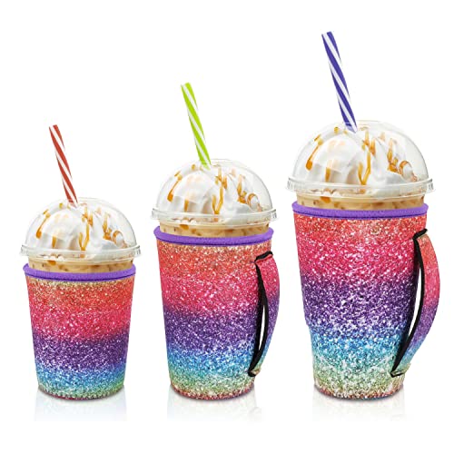 AJLTPA Eiskaffeehülsen für kalte Getränke, 3 Stück, wiederverwendbare Neopren-Becherhülle mit Griff für 473 - 907 ml Kaffeetassen (Regenbogen-Glitzer) von AJLTPA