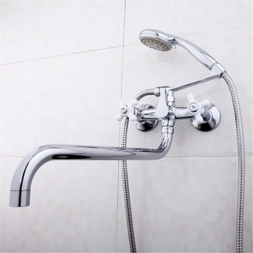 Badewanne Wasserhahn mit Duschwand montiertes Messing Badewanne mit Doppelkreuzgriff 36 cm langer Nasenwasserauslass Badezimmermischer und Basin Tippset (Chrom) Beauty Comes von AJYBYUKJ