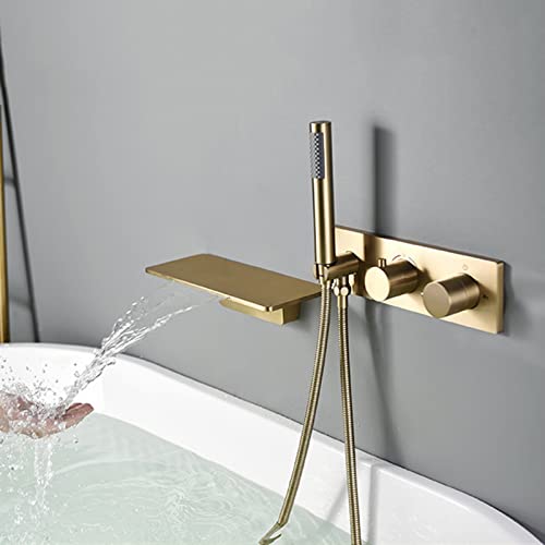 Badezecke mit thermostatischer Mischer Duschwandmontage Bad Taps Wasserfall Ausguss schwarzer Duschkopf und Schlauchset für Badhähnen gebürstet Gold Beauty Comes von AJYBYUKJ