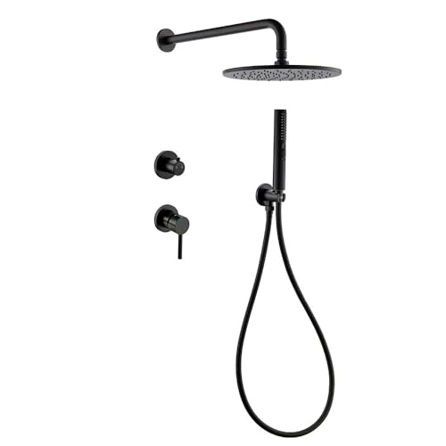 Badezimmer Wasserhahn schwarzes Messingbautaninstallation Regenschaukopf Handsprühung mit Sitz zwei Funktionen und heißer kalter Mischschalter, Materie Black 10 Zoll, 1 Beauty Comes von AJYBYUKJ