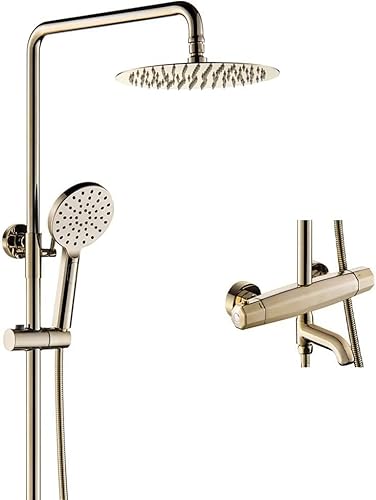 Duschset, goldene thermostatische drei Funktionen Wandmontage Duschset Messing Badewanne Diverter Mixer Badewanne mit 8 Zoll Niederschlagskopf und Handschuhe, Luxus -Duschsystem Beauty Comes von AJYBYUKJ