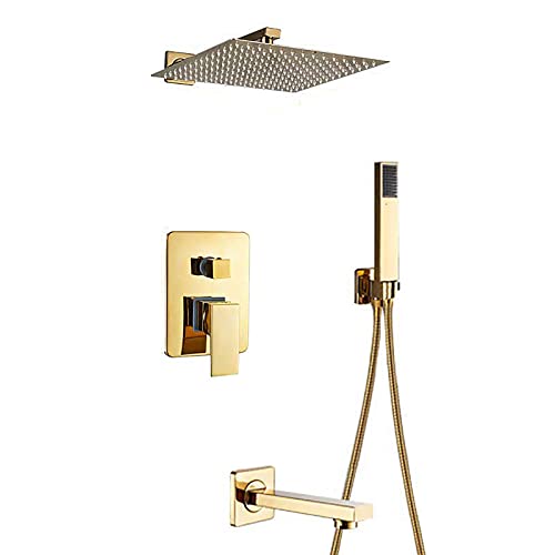 Duschsystem Gold Badezimmer Duscharmatur -Set mit Wannenauslauf, wandmontierte Duschkombination Messing Mixer Dusche mit Duschkopf, Handschuhe, 8 Zoll (8 Zoll) Beauty Comes von AJYBYUKJ