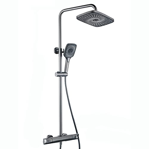 Duschsystem Thermostatische graue Duschhahn -Wasserhahn -Wandmontage Duschkombination Messing Mixer Dusche mit Duschkopf, Wasserfall Badewanne, 3 Modi Handheld -Dusche, Quadrat (Quadrat) Beauty Comes von AJYBYUKJ