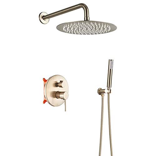 Duschsystem gebürstet Gold, Messing Duscharmaturen Sets mit hohem Druckregen Duschkopf und Handheld -Dusche, Wandhalterungshahn, 12 Zoll, 10 Zoll Beauty Comes von AJYBYUKJ