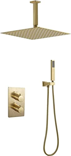 Duschsysteme, Deckenmontage Thermostatisch gebürstetes goldenes Badezimmer Regenmixer Duschhitzel mit 10-12 "Quadratregen Duschkopf und Handheld-Dusche, Luxus-Duschset, 12 Zoll Beauty Comes von AJYBYUKJ