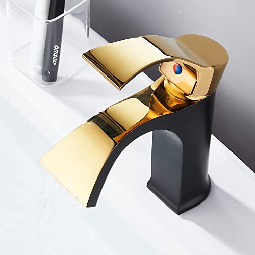 Gold Wasserfall Bad Waschbecken Wasserhahn Eingriff Heißer und kaltes Wassermischer TAP Moderner Becken Wasserhahn für ein Loch Installation Stylish Noir Finish Beauty Comes von AJYBYUKJ