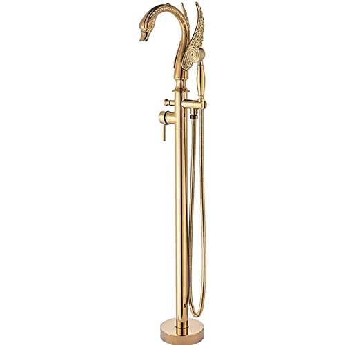 Goldene freistehende Badhahn, luxuriöser Schwanwanne mit Handheld -Dusche, eingriffs Badewanne Wasserhahnboden, Badduschenmixer, Messing, a Beauty Comes von AJYBYUKJ