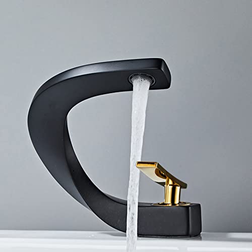 Kreatives Becken Waschbecken Heißer und kaltes Wasserhahn Vollkupfer Badezimmerschrank Wasserhahn, Schwarz + Goldgriff Beauty Comes von AJYBYUKJ