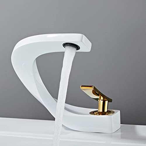 Kreatives Becken Waschbecken Heißer und kaltes Wasserhahn Vollkupfer Badezimmerschrank Wasserhahn, Weiß + Goldgriff Beauty Comes von AJYBYUKJ