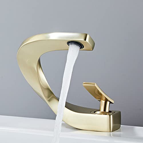 Kreatives Becken Waschbecken Heißer und kaltes Wasserhahn Vollkupfer Badezimmerschrank Wasserhahn, gebürstetes Gold Beauty Comes von AJYBYUKJ