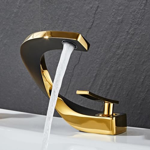Kreatives Becken Waschbecken Heißer und kaltes Wasserhahn Vollkupfer Badezimmerschrank Wasserhahn, schwarzes Set mit Gold Beauty Comes von AJYBYUKJ