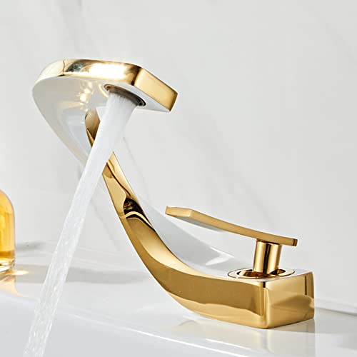 Kreatives Becken Waschbecken Heißer und kaltes Wasserhahn Vollkupfer Badezimmerschrank Wasserhahn, weißes Set mit Gold Beauty Comes von AJYBYUKJ