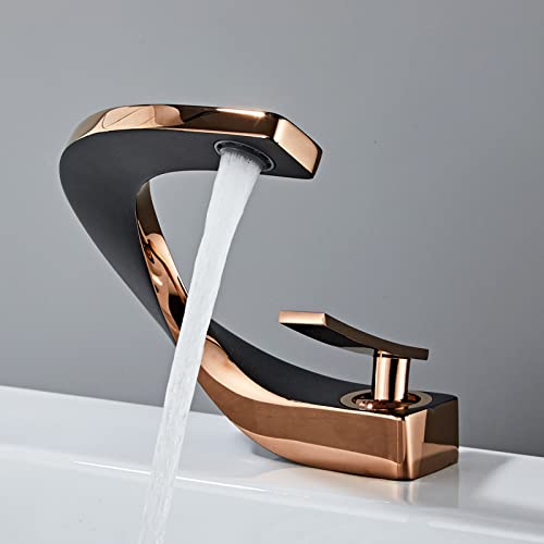 Kreatives Becken Waschbecken Heißer und kaltes Wasserhahn Vollkupfer Badezimmerschrank Wasserhahn mit schwarzem Set Roségold Beauty Comes von AJYBYUKJ
