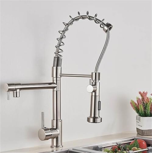 Messingküche Wasserhahn nach unten Dual Spray Mixer Tap Deck montiert heiß/kalt mit zwei Funktionsmodi (Nickelfinish) für moderne Küchen Beauty Comes von AJYBYUKJ