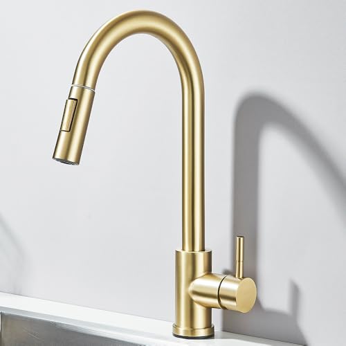 Pull Down Kitchen Spüle Wasserhahn aus zwei Funktionen aus dem einzelnen Griff Heiße und Colmixer -Taps Deck montiert, gebürstetes Gold Beauty Comes Pull Down Kitchen Spüle Wasserhahn aus zwei Funktionen aus dem einzelnen Griff Heiße und Colmixer -Taps Deck montiert, gebürstetes Gold Beauty Comes von AJYBYUKJ